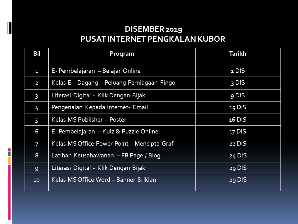 Jadual Aktiviti DIsember 2019
